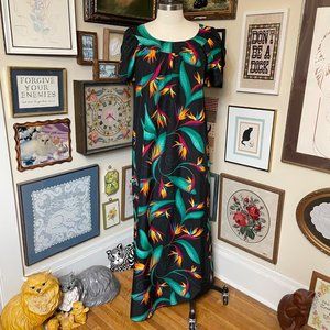80s Vintage Hilo Hattie Black Lightweight Polyester Bird of Paradise Maxi MuuMuu